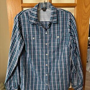 Eddie Bauer ladies shirt - plaid navy, teal, white, long sleeve